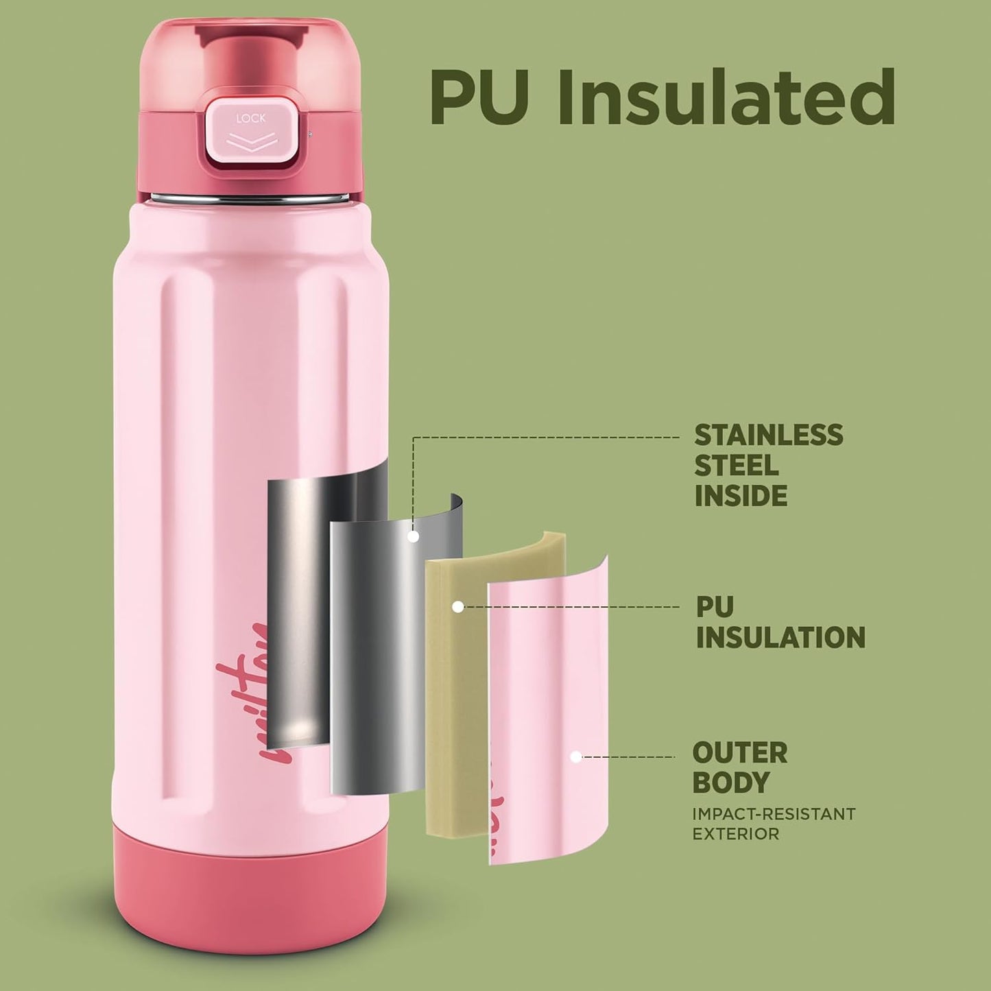 Milton Taurus 900 Steel Thermoware, Inner Stainless Steel, Cold PU Insulated, Leak Proof Water Bottle for School Kids, Office, Gym, Easy to Carry Handle, 665 ml, Light Pink