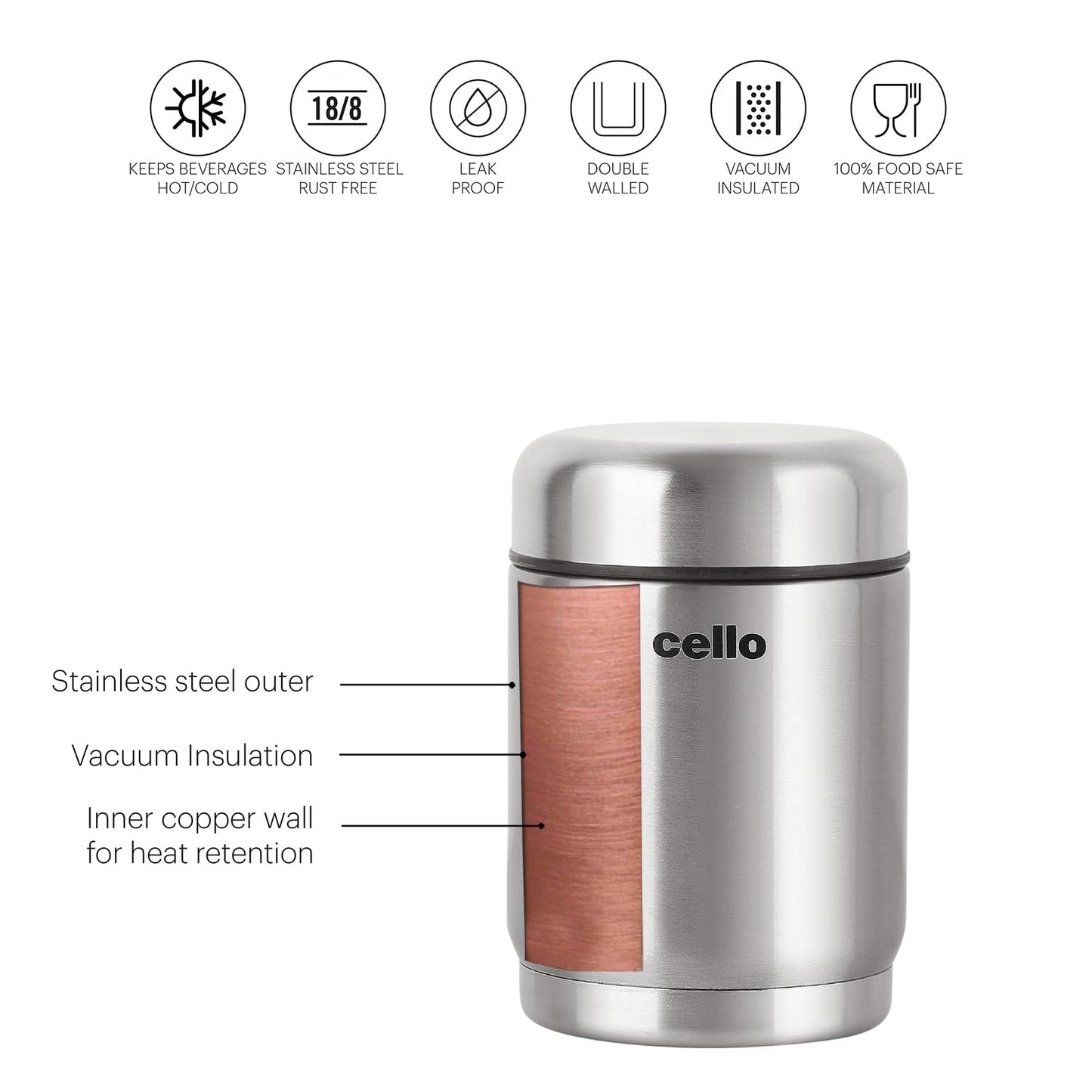 Cello Supee Vacuum Insulated Flask 400ml, Silver | Double Walled | Keeps Food Hot & Cold for Long Hours | Thermos with Airtight Screw Lid | Leakproof Soup Jar Thermos for Office, College & Travelling