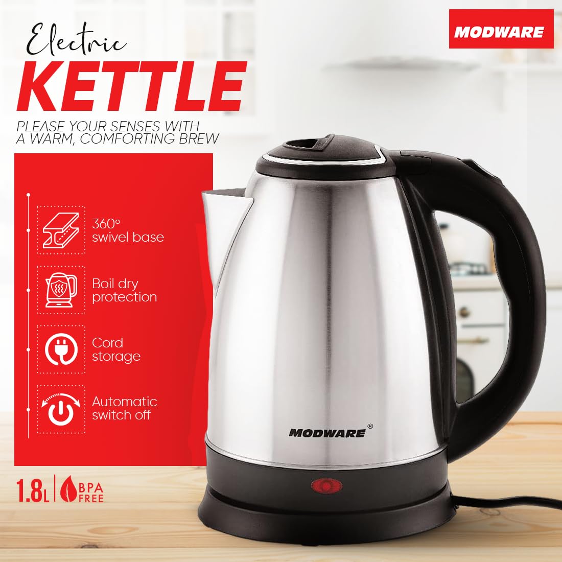 MODWARE Stainless Steel Electric Kettle 1.8 Litre, for Boiling Water, Making Tea and Coffee, Instant Noodles, Soup etc- Silver (1.8 Litre)