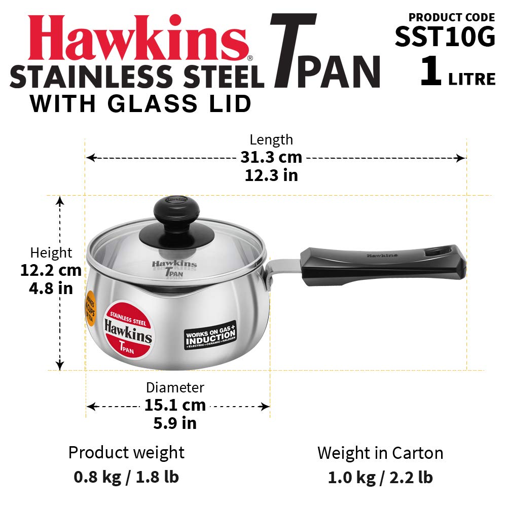 Hawkins 1 Litre Tpan, Stainless Steel Tea Pan with Glass Lid, Induction Sauce Pan, Chai Pan, Small Pan, Silver (SST10G)