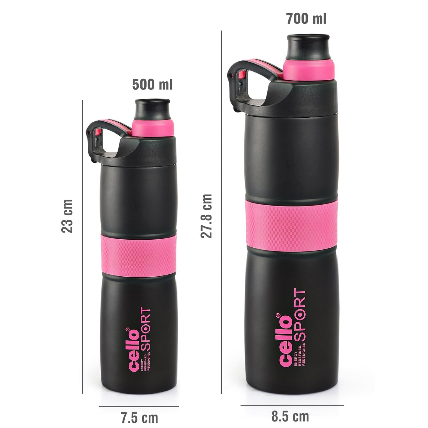 Cello Force Vacuum Insulated Flask | Hot and Cold Water Bottle with Anti-Slip Grip | Double Walled Sports Bottle for Travel, Home, Office, School | 700ml, Pink
