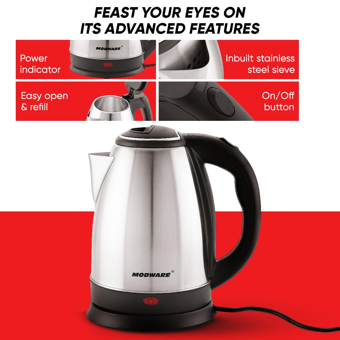 MODWARE Stainless Steel Electric Kettle 1.8 Litre, for Boiling Water, Making Tea and Coffee, Instant Noodles, Soup etc- Silver (1.8 Litre)
