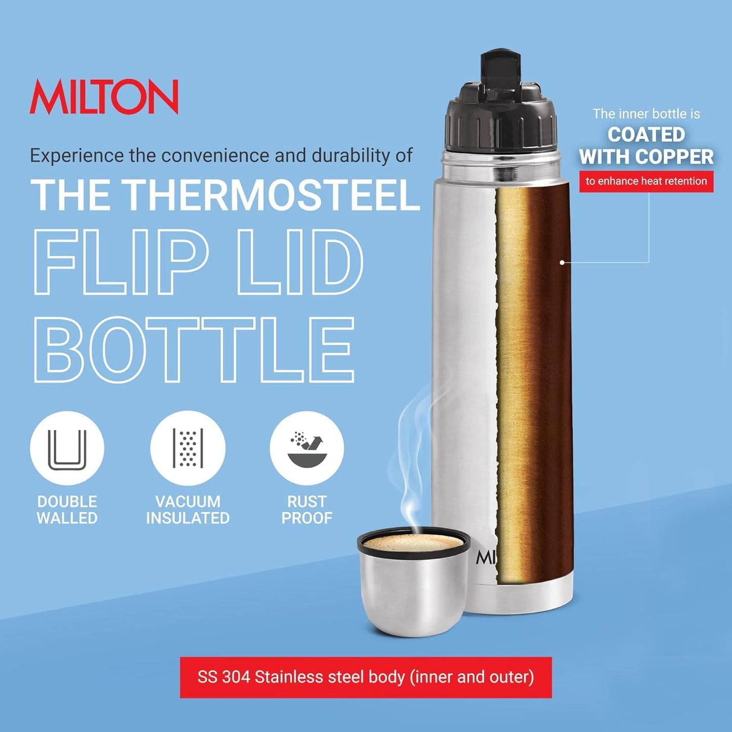 Milton Thermosteel Flip Lid Flask, 750 milliliters, Silver