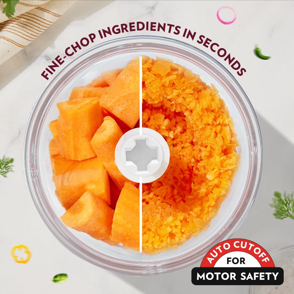 Borosil Chef Delite 260W Electric Glass Chopper For Kitchen Use | White Chopper | Low Noise Operation | Kitchen Accessories Items | Stainless Steel Blades, Whisking Blade for Cream, Chaas, Lassi