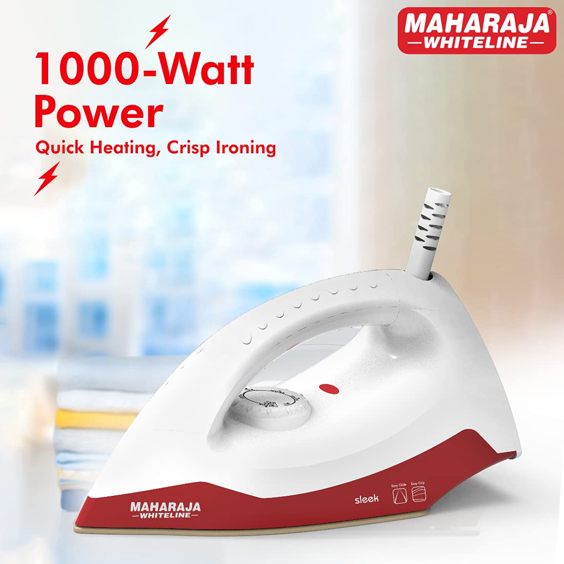 Maharaja Whiteline Sleek Dry Iron, 1000W (White & Cherry Red), Standard (Sleek / DI-129)