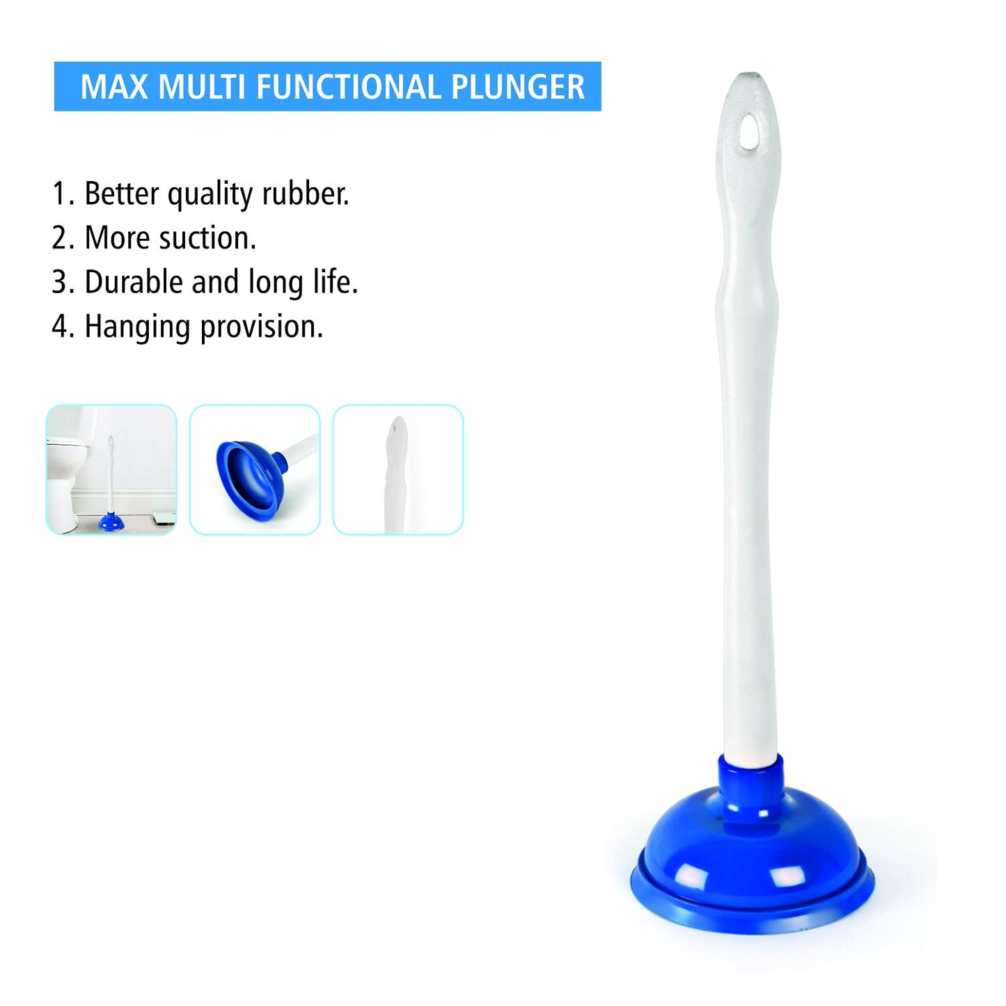Cello Kleeno Max Multifunctional Plunger | Enhanced Pressure, Fit, and Suction | Plastic Handle For Comfortable Grip | Compact Design with Ergonomic Handle and Long-Lasting Durability | Blue