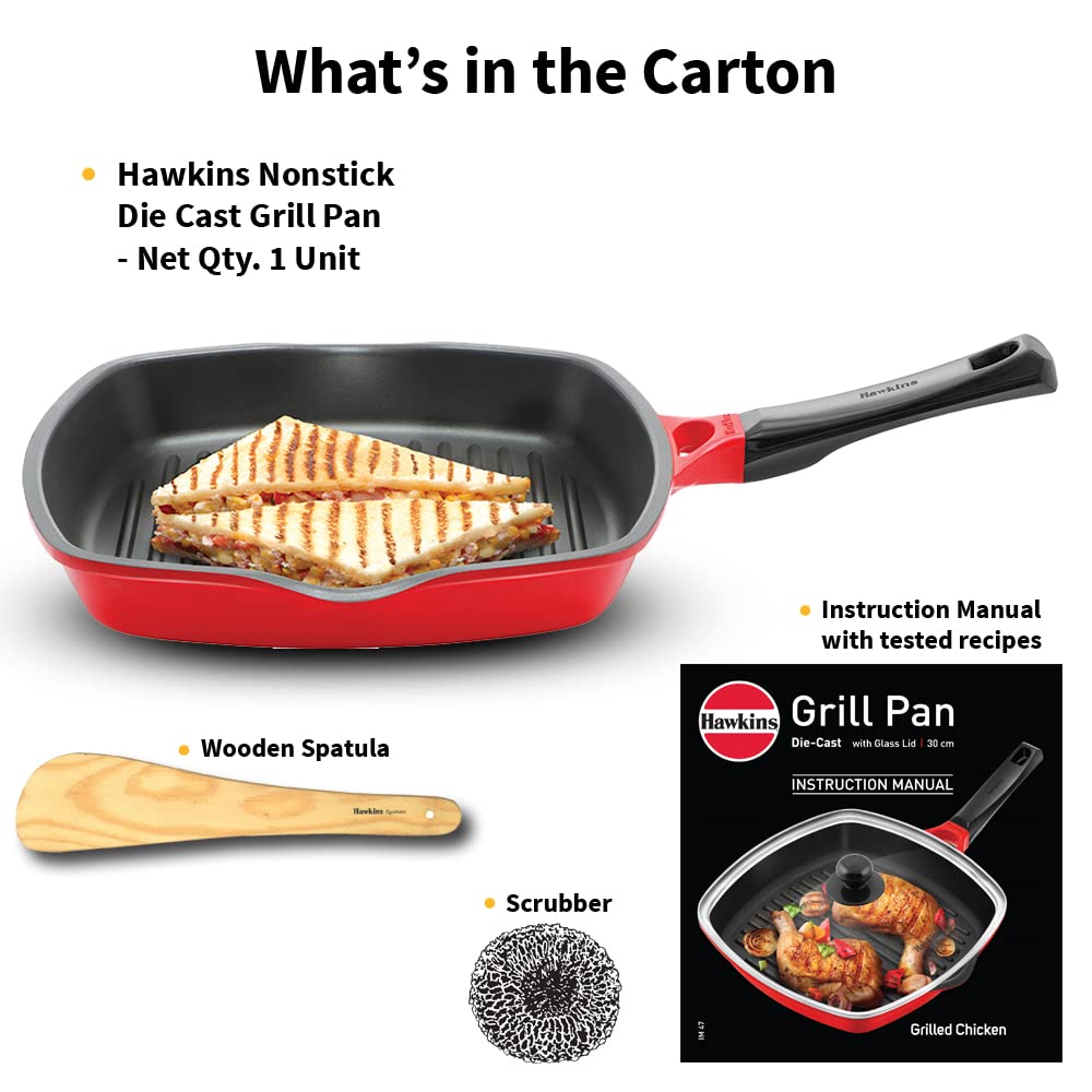 Hawkins 30 cm Grill Pan, Non Stick Die Cast Grilling Pan, Square Grill Pan for Gas Stove, Ceramic Coated Pan, Roast Pan, Red (DCGP30)