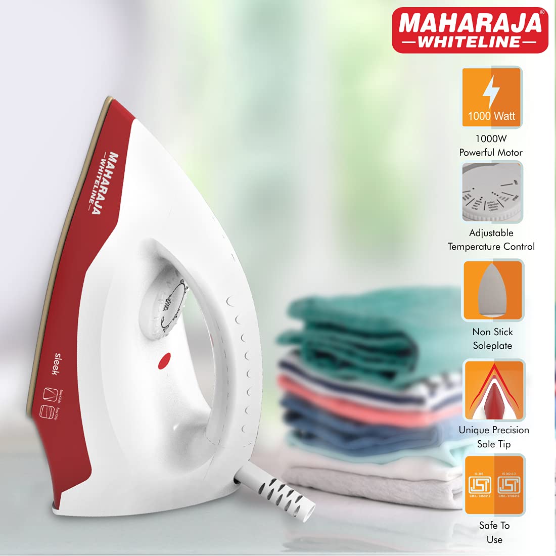 Maharaja Whiteline Sleek Dry Iron, 1000W (White & Cherry Red), Standard (Sleek / DI-129)