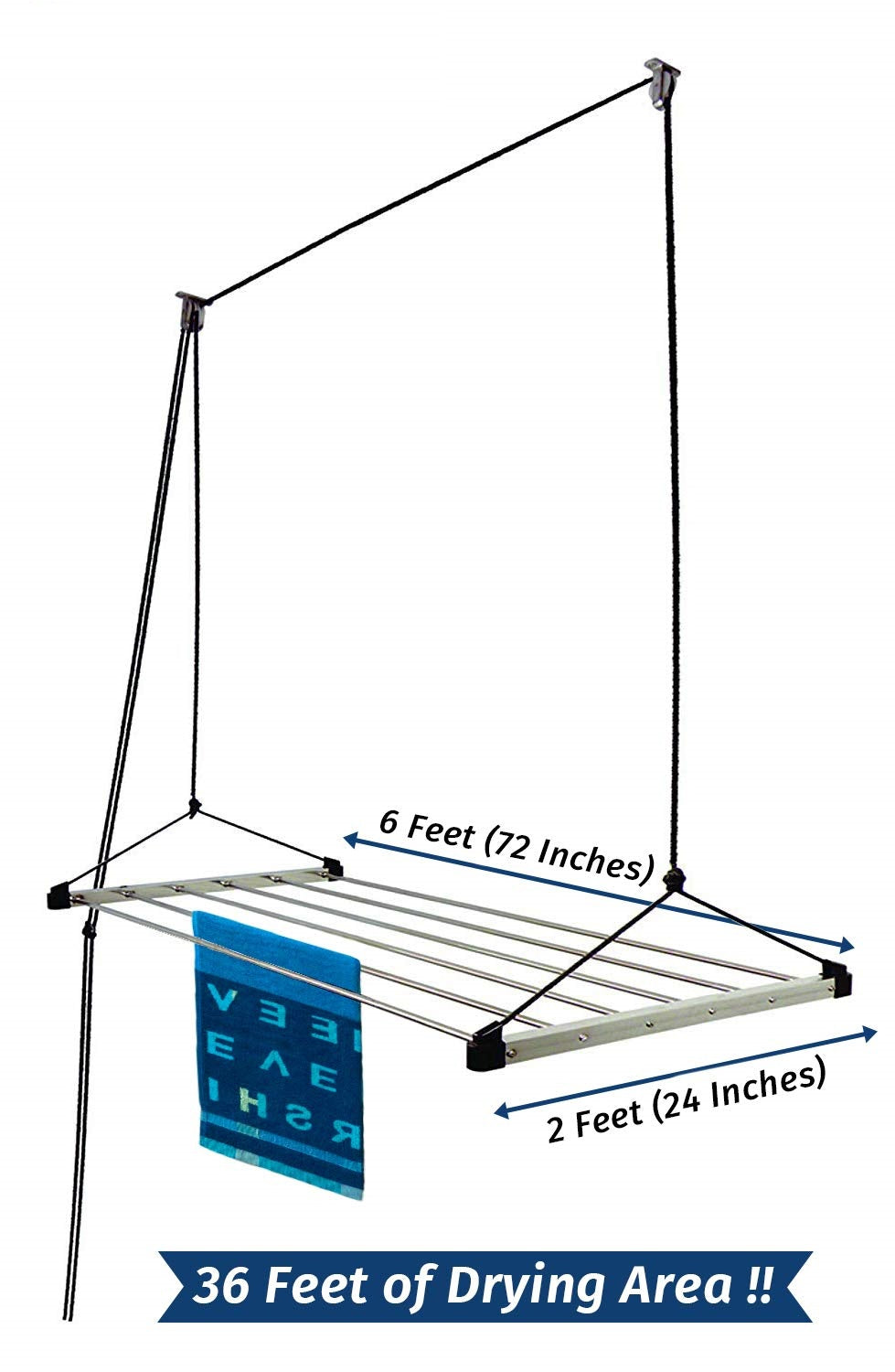 Heavy Duty Stainless Steel 6 Pipe X 6 Feet (Blue) Economy Model with UV Protected Nylon Rope Ceiling Cloth Dryer | Cloth Drying Stand for Balcony | Clothes Stand for Drying
