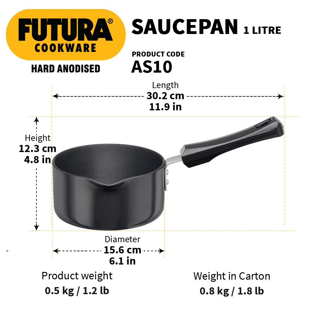 Hawkins Futura Hard Anodised Saucepan, Capacity 1 Litre, Diameter 14 Cm, Thickness 3.25 Mm, Black (As10) (Aluminium),Non-Stick, 1 Liter