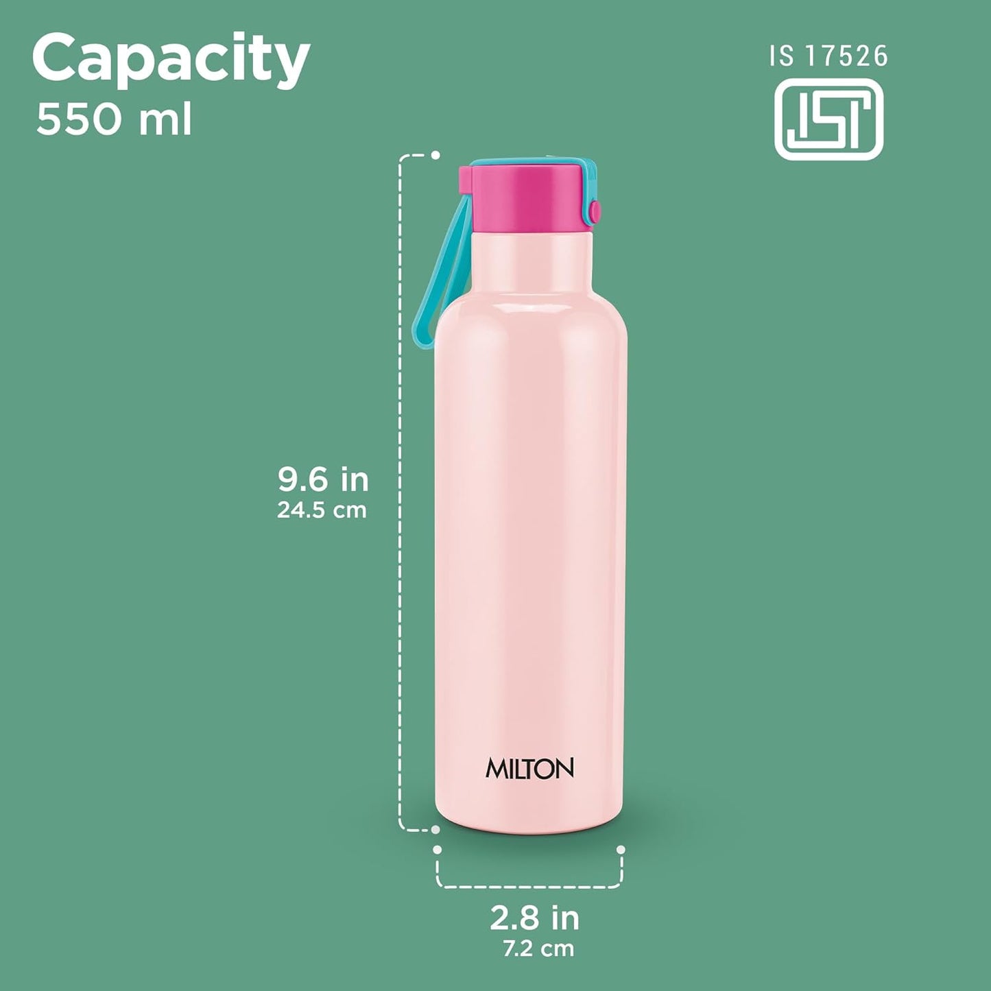 Milton Felice 700 Thermosteel Water Bottle 550 ml, 24 Hr Hot and Cold I Leak Proof Lid, ISI Certified I Vacuum Insulated I for Office, Gym, School I Pink