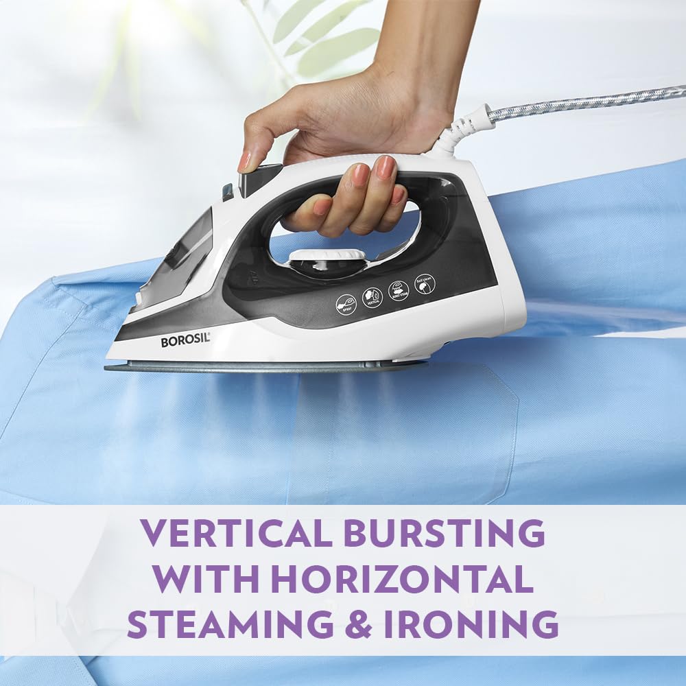 Borosil SmartPress 1380W Steam Iron | Ceramic Soleplate, 12g/min Steam, Vertical & Horizontal Steam Busting, Self Cleaning Function, Overheat Protection | For Dry & Steam Ironing | 2 Years Warranty