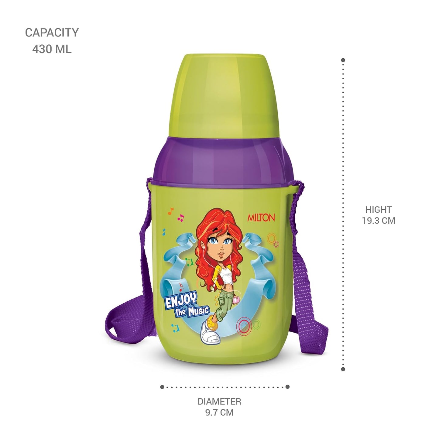 MILTON Kool Kid 450 Plastic Insulated Water Bottle with Belt & Straw, 430 ml, Green | PU Insulated | BPA Free | Easy to Carry | Leak Proof