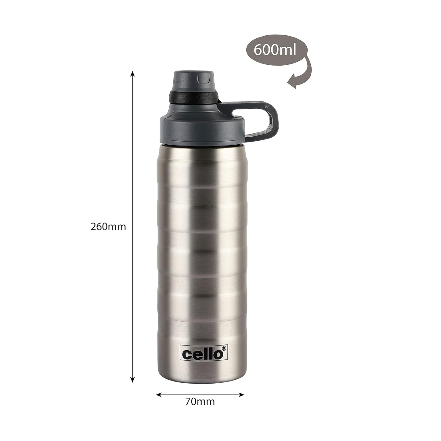 Cello Nitro Stainless Steel Vacuum Insulated Bottle, Hot and Cold, 600ml, Silver