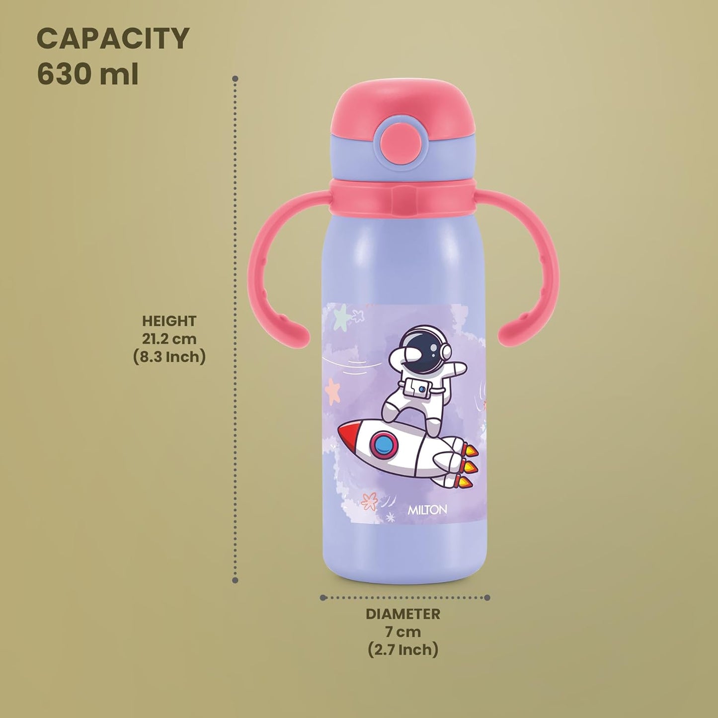 MILTON Fountain 650 Astronaut Stainless Steel Kids Water Bottle, 630 ml, Purple | Single walled | Leak Proof| Easy to Carry | Sipper Bottle | School | Picnic | Travel