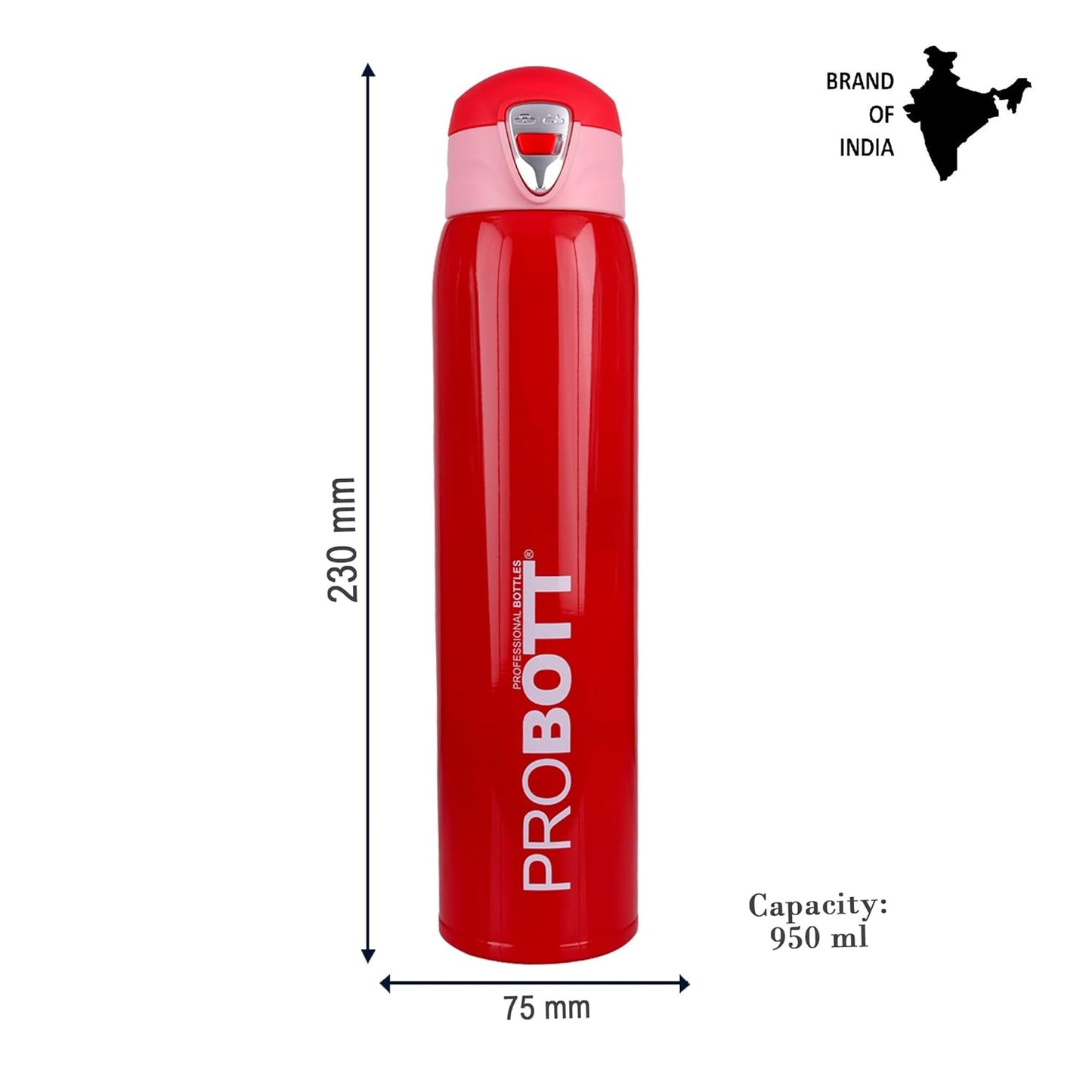 Probott Swift 950ml Thermoses Vacuum Insulated Flask Bottle, Stainless Steel Water Bottles, Red | Wide Mouth | Flip Top Cap | Hot and Cold | Leak Proof | Water | Tea | Coffee | Office | Travel