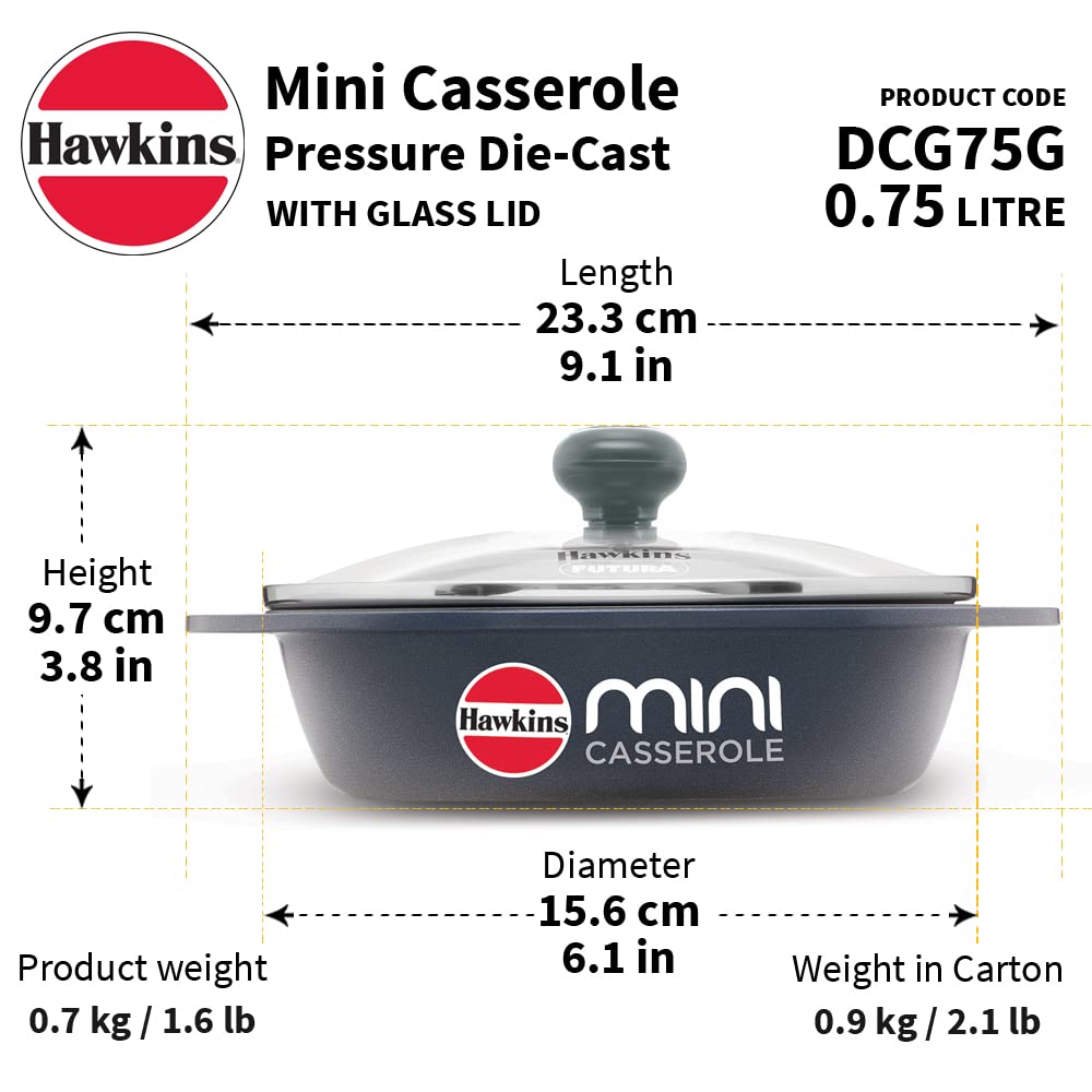 Hawkins 0.75 Litre Mini Casserole with Glass Lid, Oval Shaped Die-Cast pan for Cooking, Reheating, Serving and Storing, Grey (DCG75G)