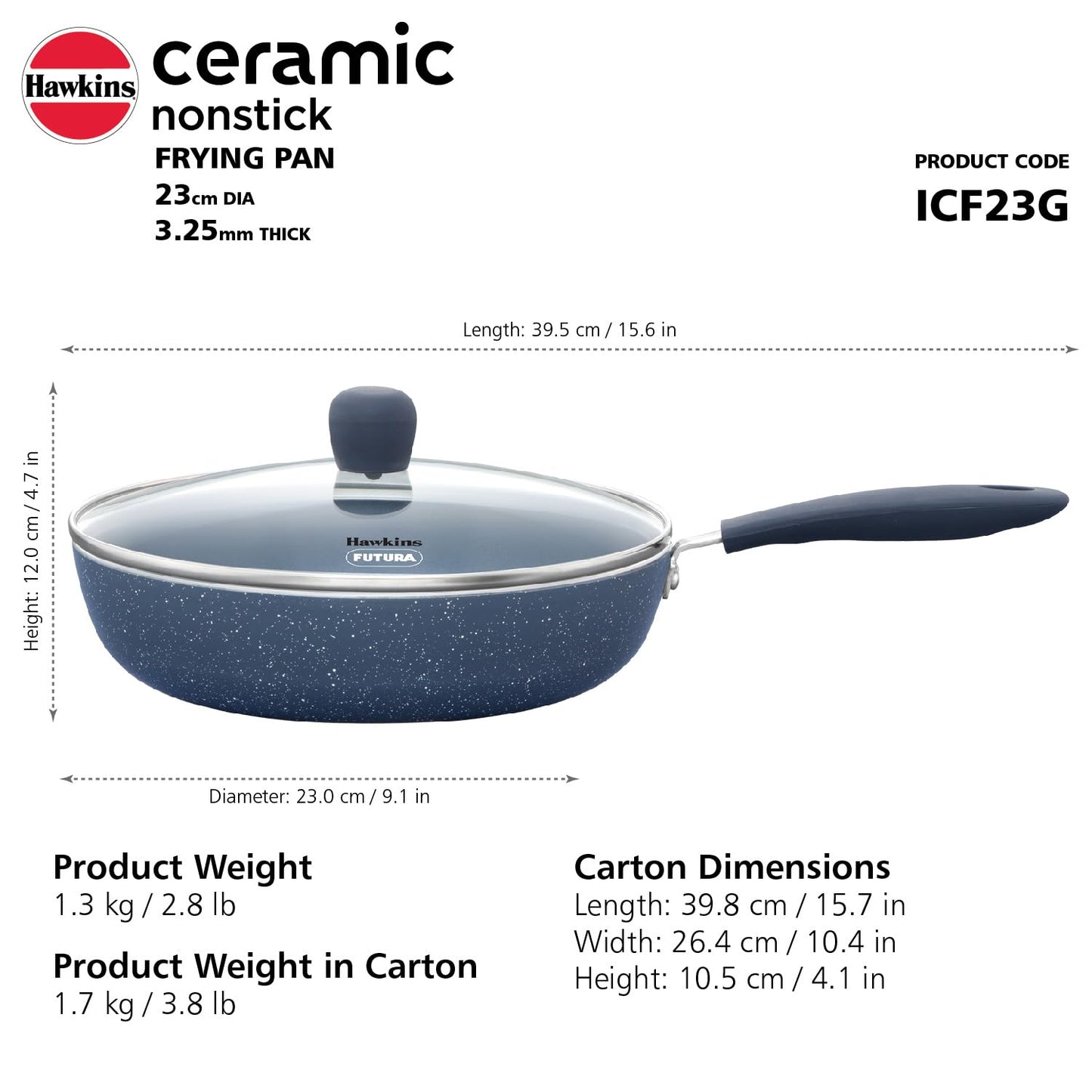 Hawkins Ceramic Nonstick Frying Pan, 24 cm Diameter, Induction Fry Pan with Glass Lid, Granite Omlette Egg Pan, Fish Pan, Blue (ICF24G)