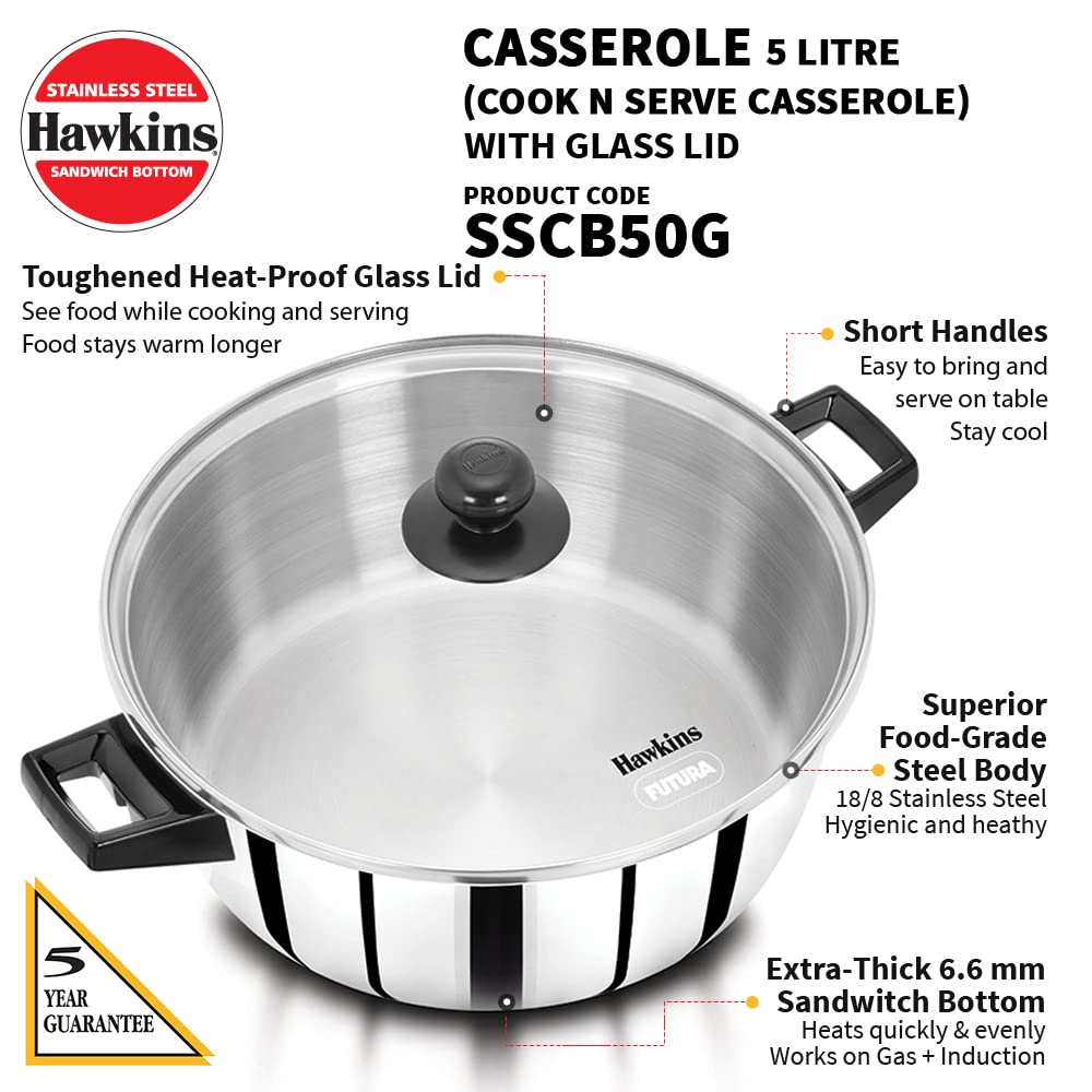 Hawkins 5 Litre Cook n Serve Casserole, Stainless Steel Saucepan with Glass Lid, Induction Pan, Sauce Pan for Cooking and Serving, Black (SSCB50G)