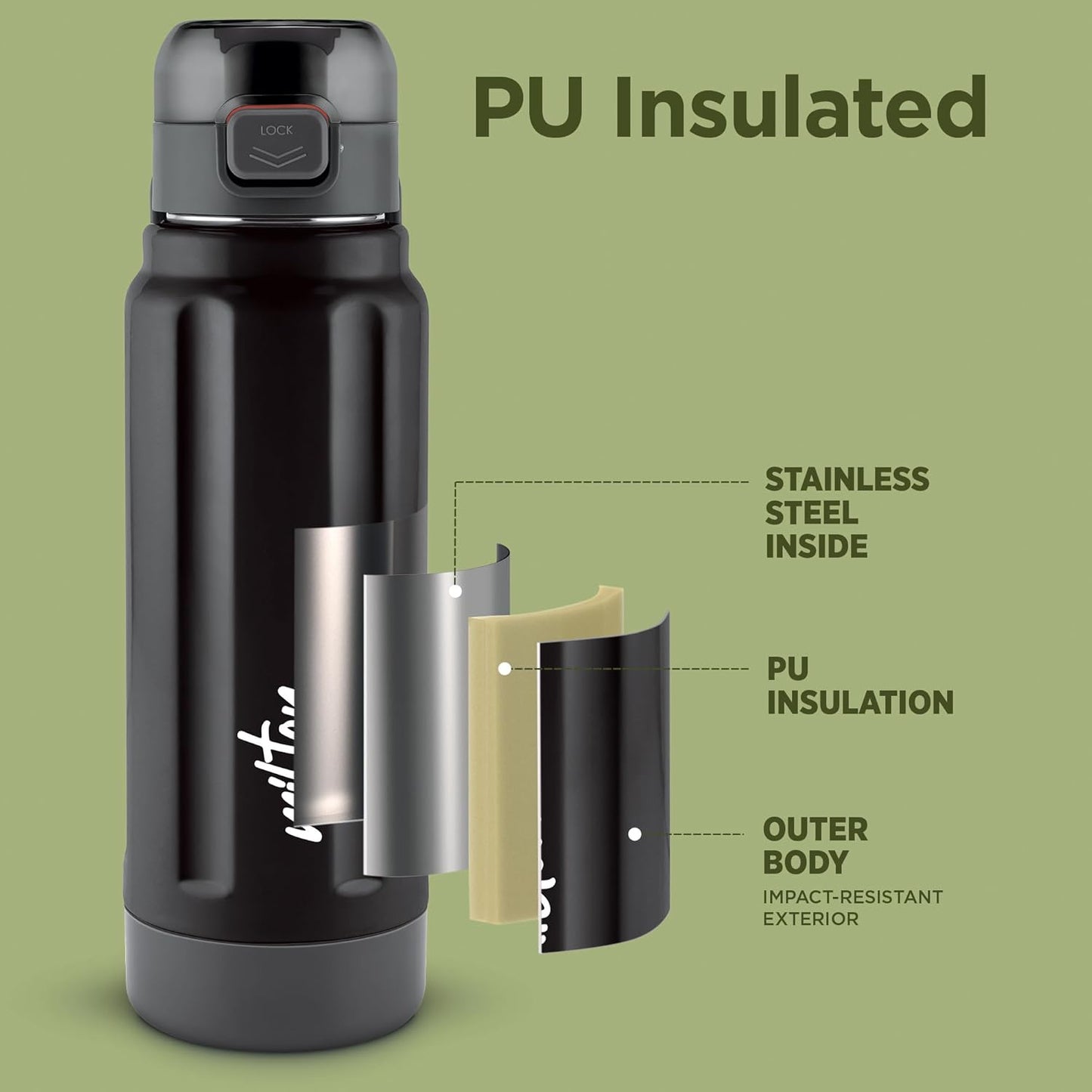 Milton Taurus 900 Steel Thermoware, Inner Stainless Steel, Cold PU Insulated, Leak Proof Water Bottle for School Kids, Office, Gym, Easy to Carry Handle, 665 ml, Black