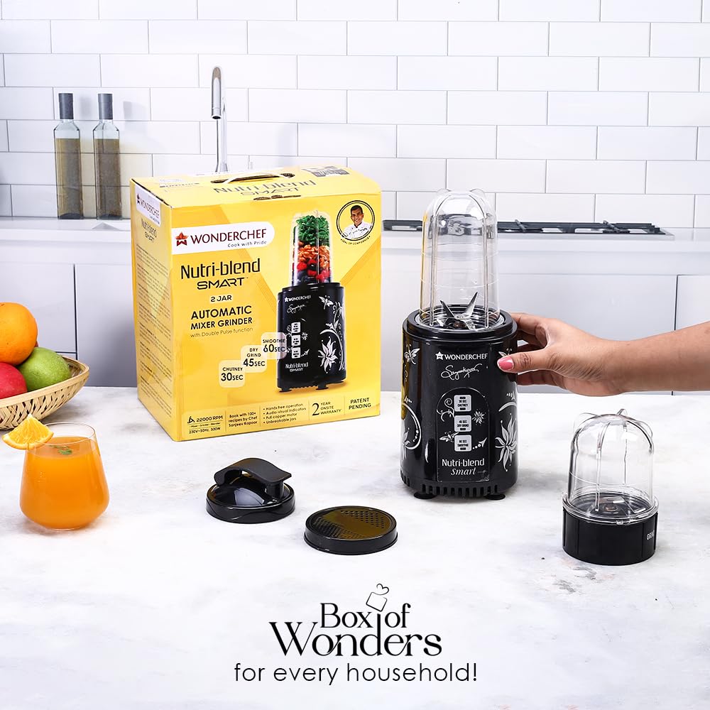 Wonderchef Nutri-blend Mixer, Grinder & Blender | Powerful 400W 22000 RPM 100% Full Copper Motor |Stainless Steel Blades |2 Unbreakable Jars |2 Years Warranty |Recipe book by Chef Sanjeev Kapoor