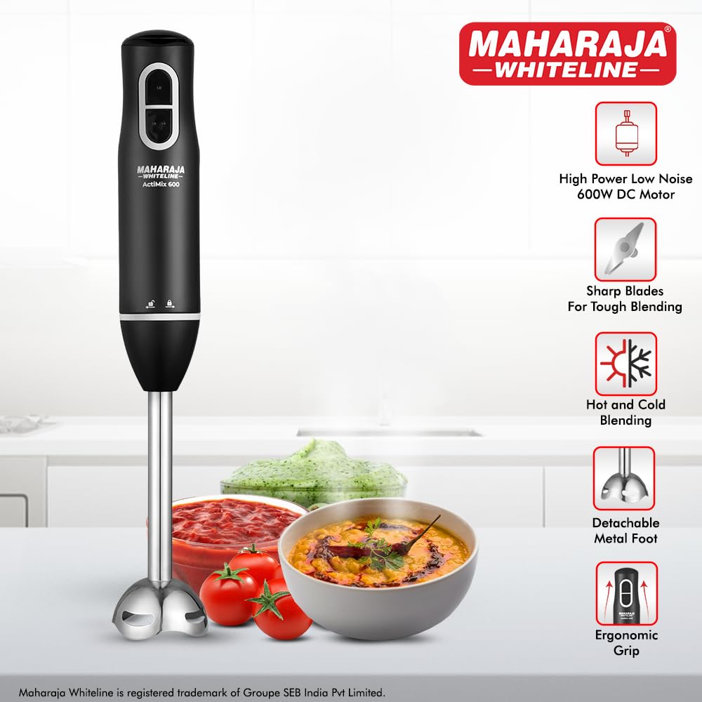 Maharaja Whiteline Actimix Hand Blender with Ergonomic Grip || Sharp Blades for Tough Blending || 2 Year Warranty, 600W (Black & Grey)