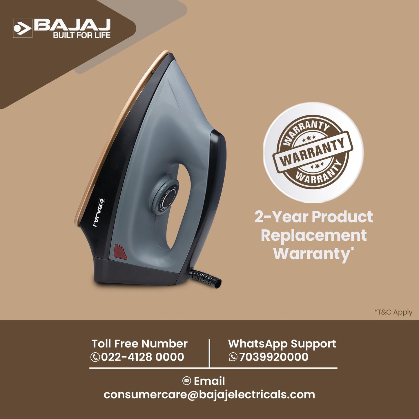 Bajaj Herculo Heavy Weight Dry Iron | 1100 W Heavy Weight Dry Iron | Duraglide Soleplate | Anti-Bacterial & Non-Stick Coating | 360 Degree Swivel Cord | 2-Yrs Warranty 【Black & Grey】