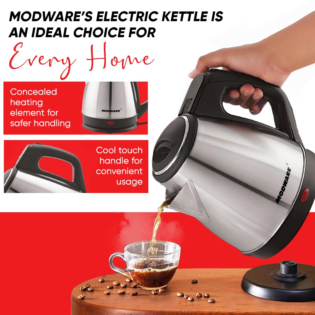 MODWARE Stainless Steel Electric Kettle 1.8 Litre, for Boiling Water, Making Tea and Coffee, Instant Noodles, Soup etc- Silver (1.8 Litre)