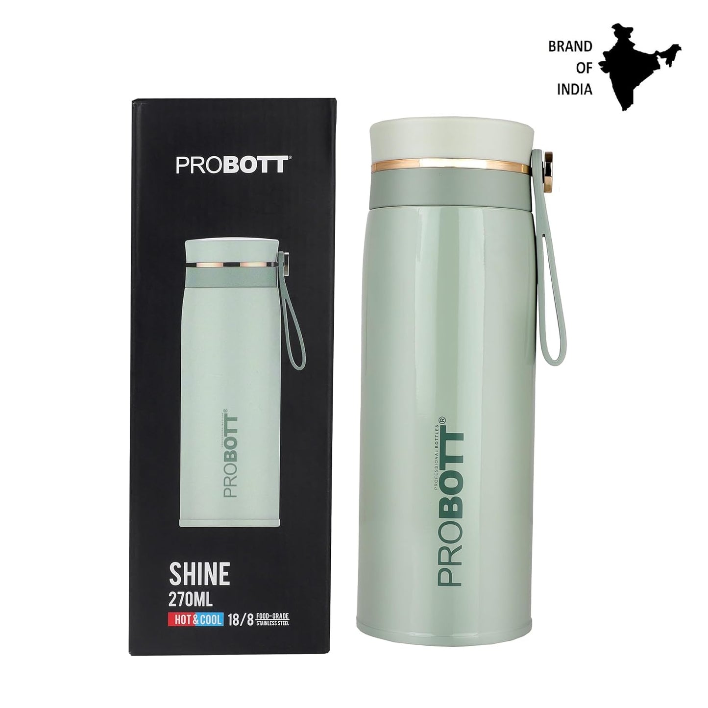 Probott Shine Water Bottle, Stainless Steel Vacuum Insulated Flask Bottle, 270ml, Green | Wide Mouth & Easy to Open | Hot and Cold | Easy to Carry | Leak Proof | Tea | Coffee | Office | Gym