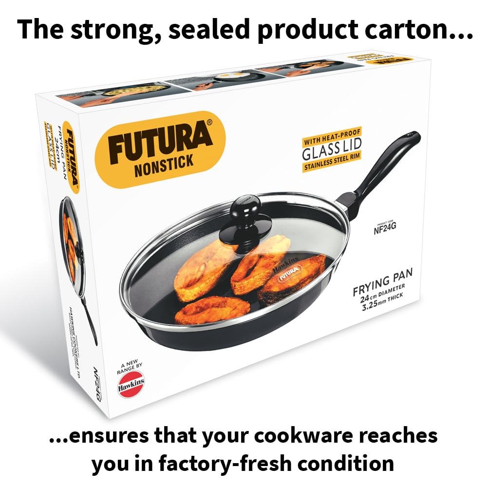 Hawkins Futura 24 cm Frying Pan, Non Stick Fry Pan with Glass Lid, Frypan, Black (NF24G)