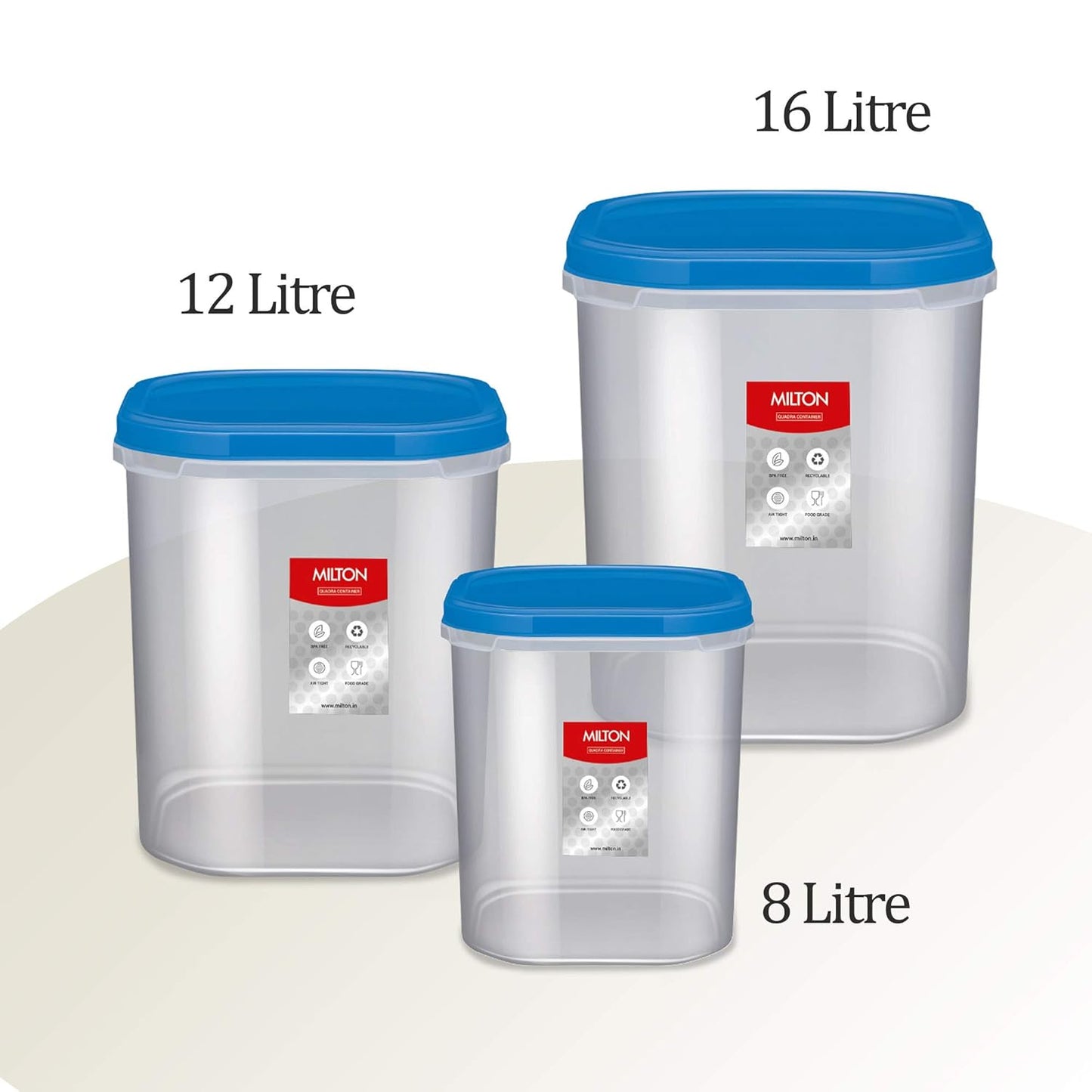 MILTON Quadra Modular Multi-Purpose Plastic Containers with Lid, Set of 3 (8 Litre, 12 Litre, 14.25 Litre) Blue, Kitchen Storage Container Set for Spices, Atta, Grains Organizers, Transparent Dabba