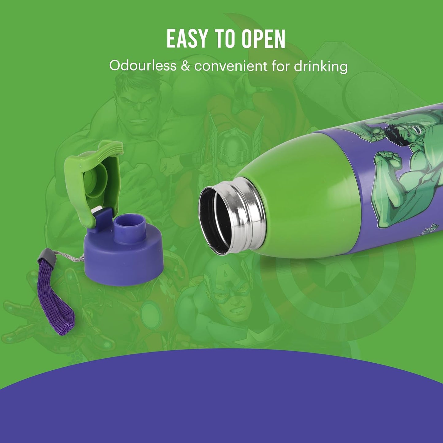 CELLO Kidzbee Uranus 900 Hulk Smash Water Bottle, 680ml, Purple | PU Insulation | 3D Touch & Feel Design School Bottle | Picnic Bottle | Leak Proof | Mix Designs - AssortedKids Bottle | Easy to Carry |