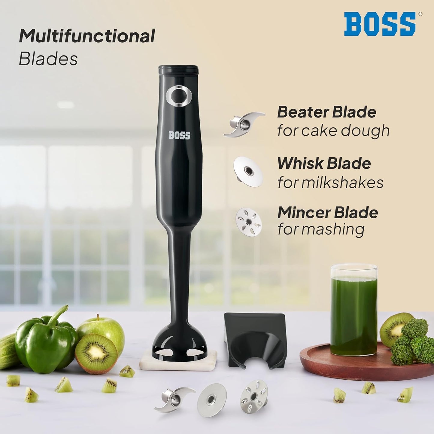 BOSS Classic+ Hand Blender 175W with 3 Stainless Steel Blades & 2 Year Warranty | Black