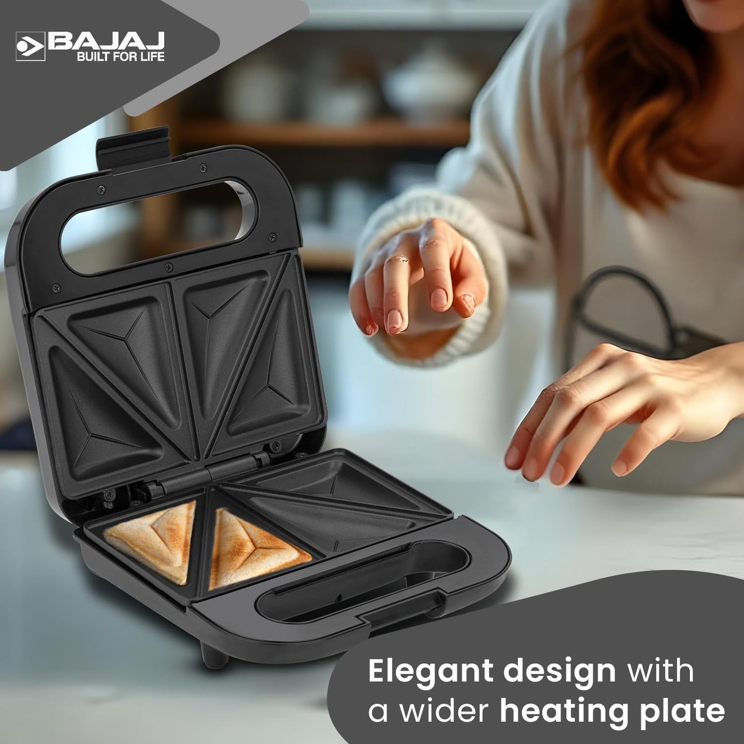 Bajaj SWX 5 800-Watt 2-Slice Sandwich Toaster | Non-Stick Coated Plates for Easy-to-Clean | Upright Compact Storage | Buckle Clips Lock | 2 Years Warranty 【Black】