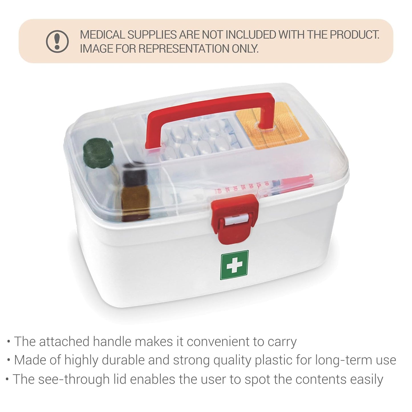 MILTON Plastic Medicine Box, First Aid Box, Detachable Tray with Handle, Emergency Indoor Outdoor Medical Utility Cabinet Organizer, Transparent, Portable & Lockable Container, White
