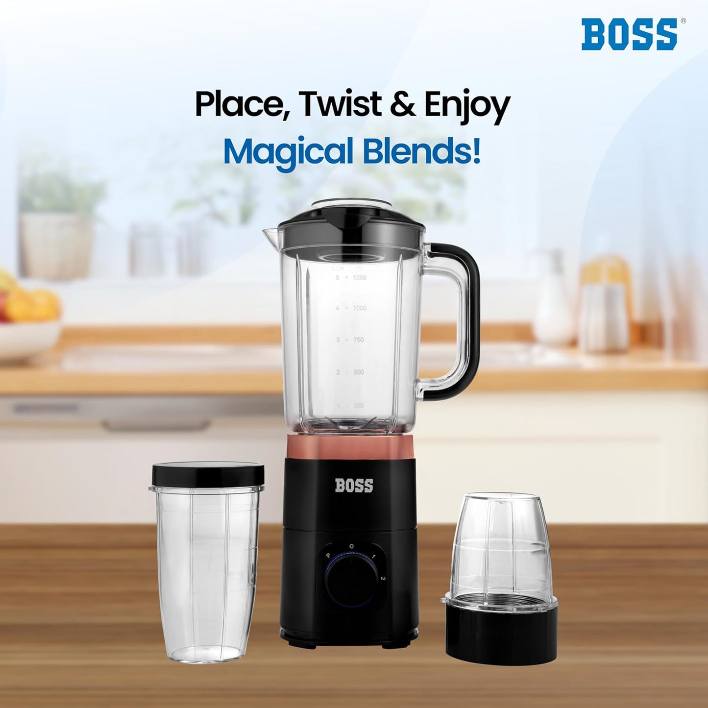 BOSS Nutri Neo 800W Juicer/Mixer/Grinder/Smoothie Maker, 3 Unbreakable Jars, 2 Blade Set - Wet & Dry, Rose Gold, 2 Year Warranty