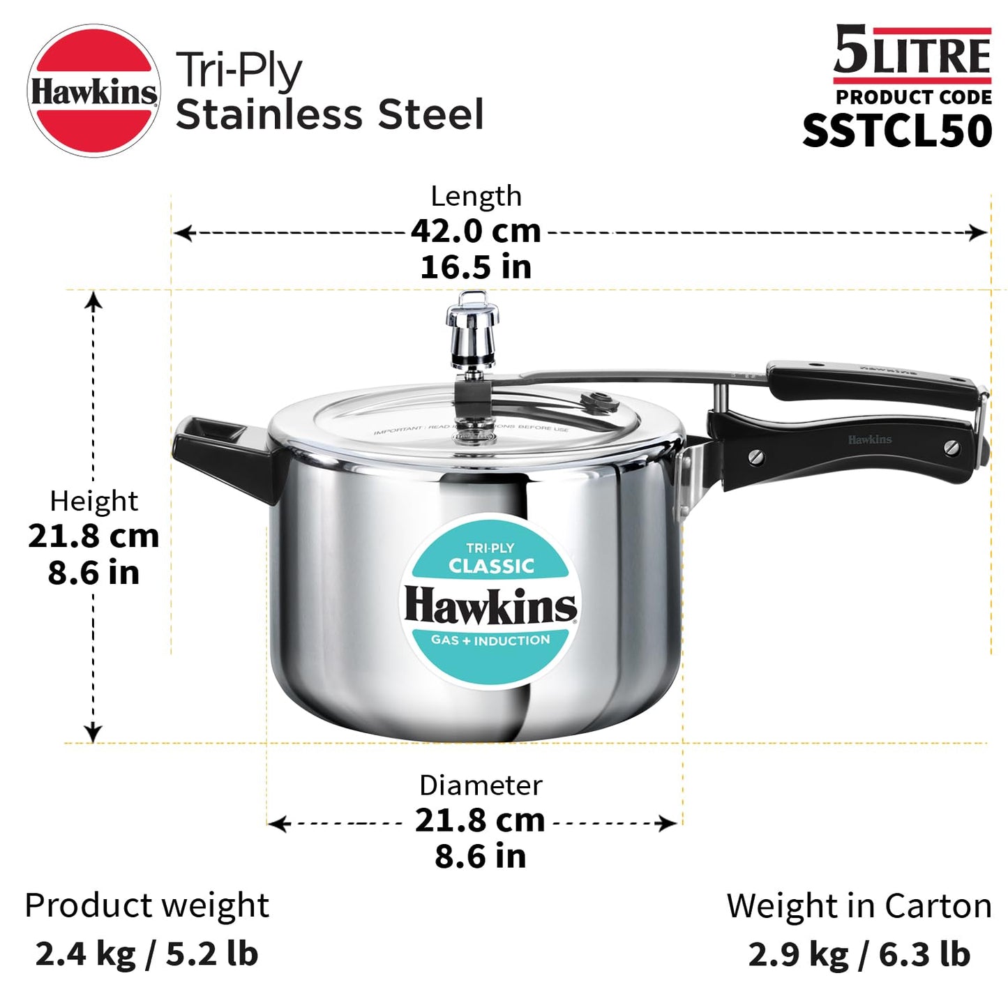 Hawkins Classic 5 Litre Tri-Ply Pressure Cooker, Triply Stainless Steel Inner Lid Cooker, Silver (SSTCL50)