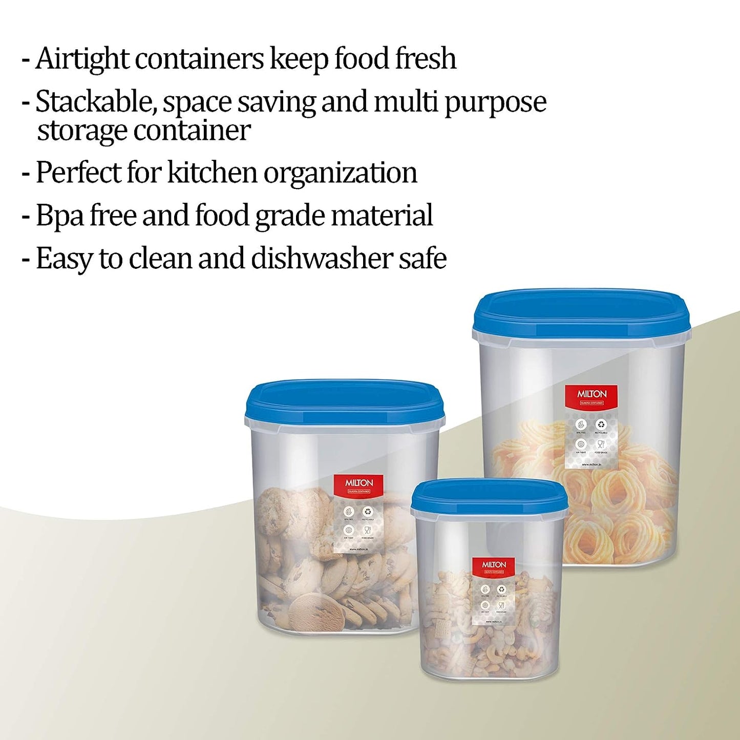 MILTON Plastic Quadra Storage Container, Set Of 3, (6000 Ml, 8000 Ml, 12000 Ml), Blue | Air Tight | Stackable | Multipurpose | Kitchen Organizer | Bpa Free | Easy To Clean | Dishwasher Safe