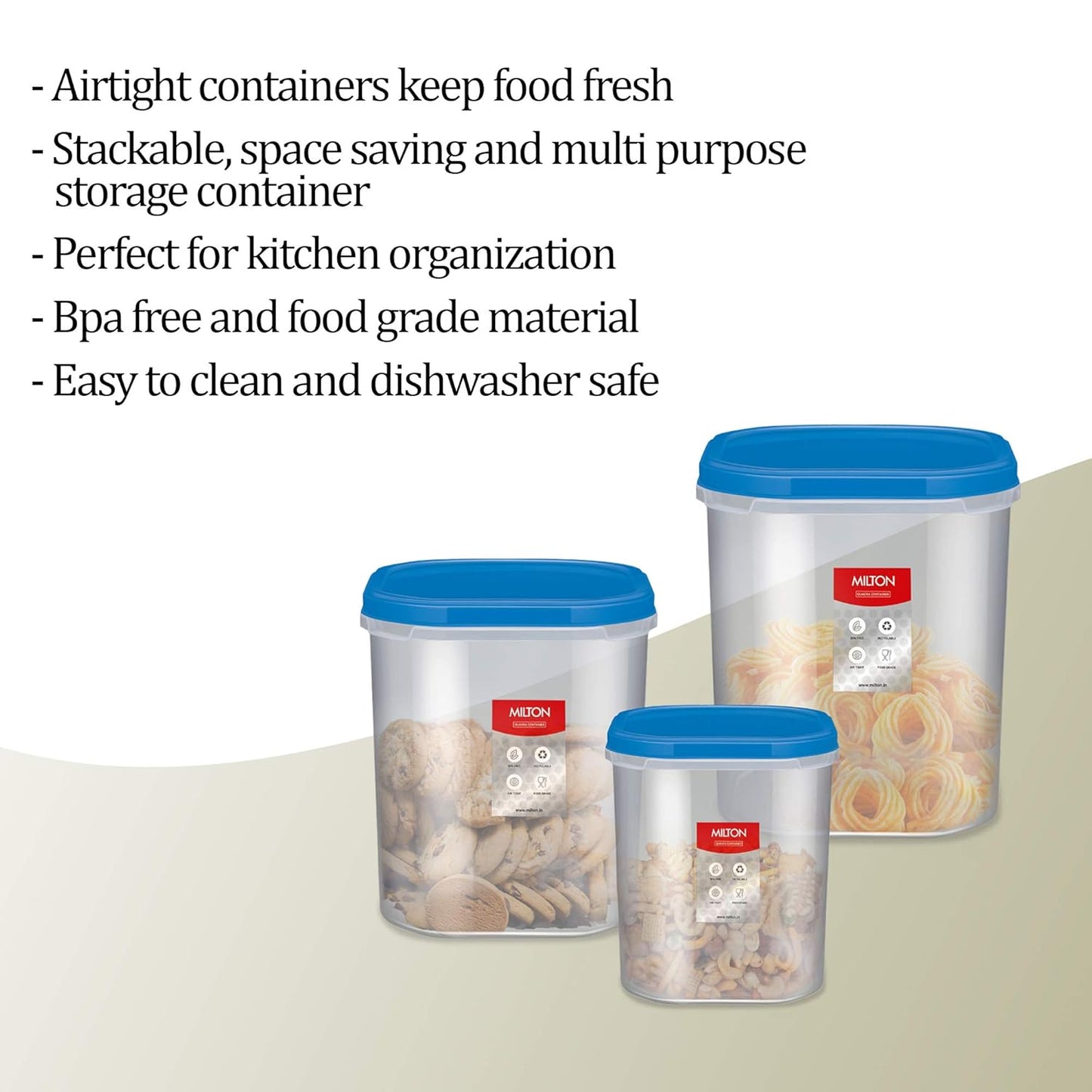 MILTON Quadra Modular Multi-Purpose Plastic Containers with Lid, Set of 3 (8 Litre, 12 Litre, 14.25 Litre) Blue, Kitchen Storage Container Set for Spices, Atta, Grains Organizers, Transparent Dabba