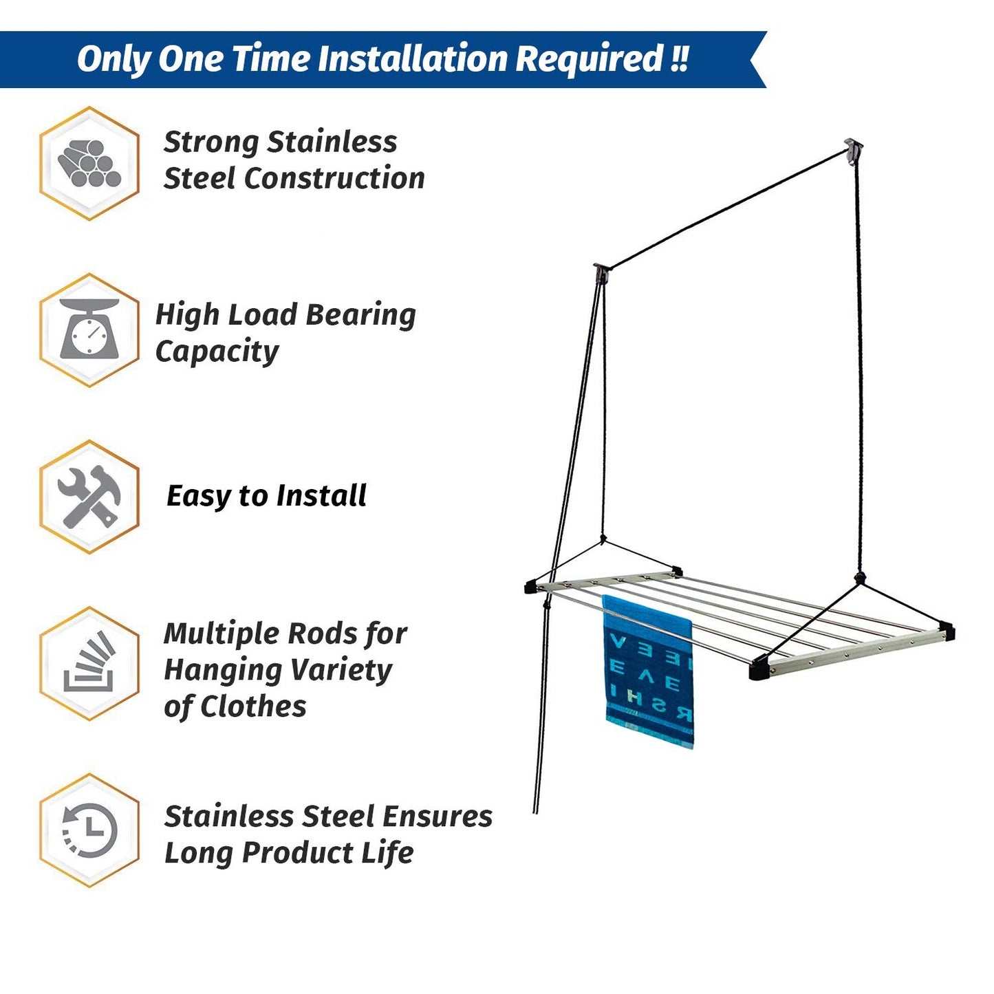 Heavy Duty Stainless Steel 6 Pipe X 6 Feet (Blue) Economy Model with UV Protected Nylon Rope Ceiling Cloth Dryer | Cloth Drying Stand for Balcony | Clothes Stand for Drying