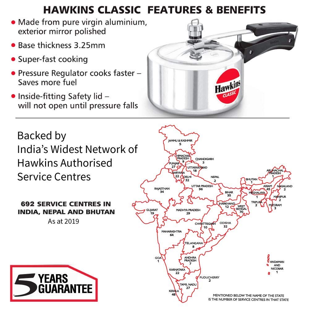 Hawkins Classic Aluminium Inner Lid Pressure Cooker, 2 Litre, Silver (CL20)