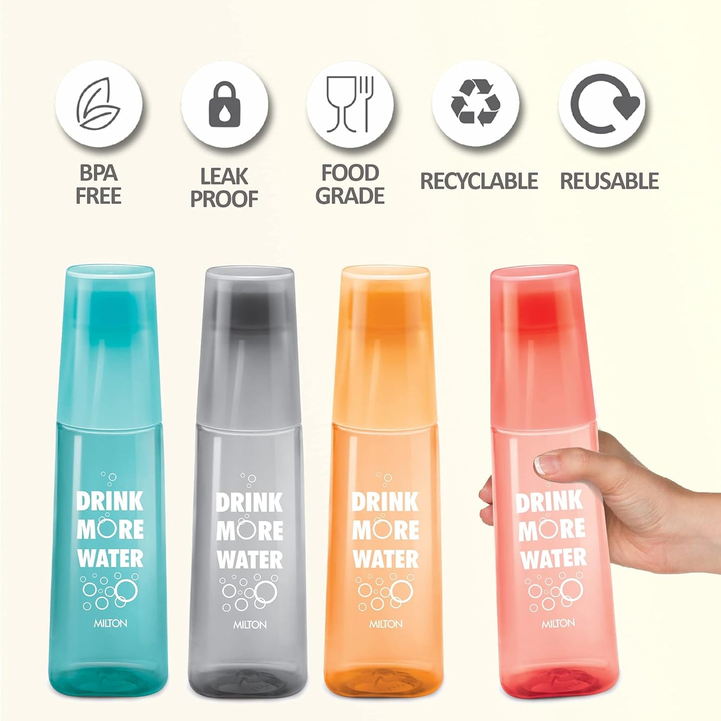 MILTON KIP SIP, Pack of 4 Water Bottles with Drinking Glass Lid, 1 Litre each, Reusable Plastic Fridge Bottle Set, BPA Free and Leak Proof Bottles for Travel, Work, Assorted