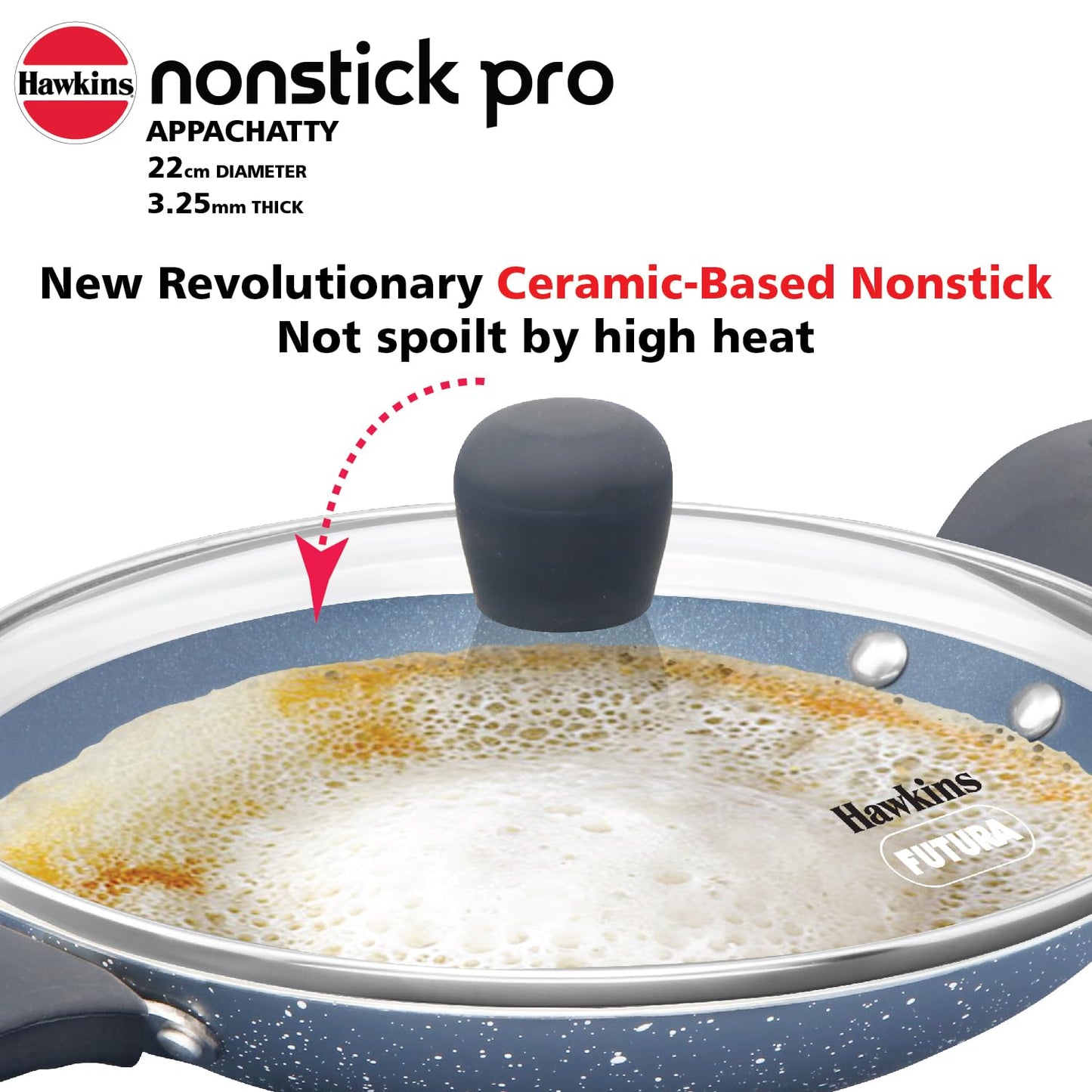 Hawkins Nonstick Pro 0.9 Litre Appachatty, Mini Kadhai, Appachatti, Appachetty, Appam Pot Maker, Deep Fry Pan with Glass Lid, Granite Kadai (CA09G)