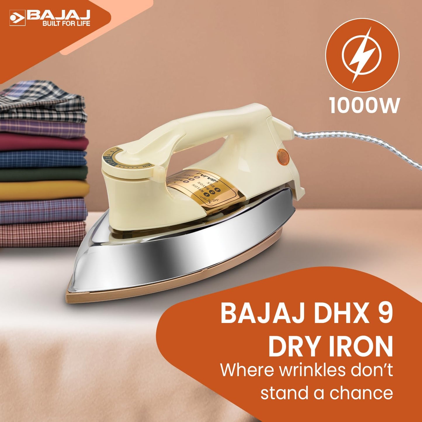 Bajaj DHX-9 1000W Heavy Weight Dry Iron | Advance Soleplate And Anti-Bacterial German Coating Technology | Cord Organizer | Multiple Temperature Levels | 2-Yrs Warranty 【Ivory】