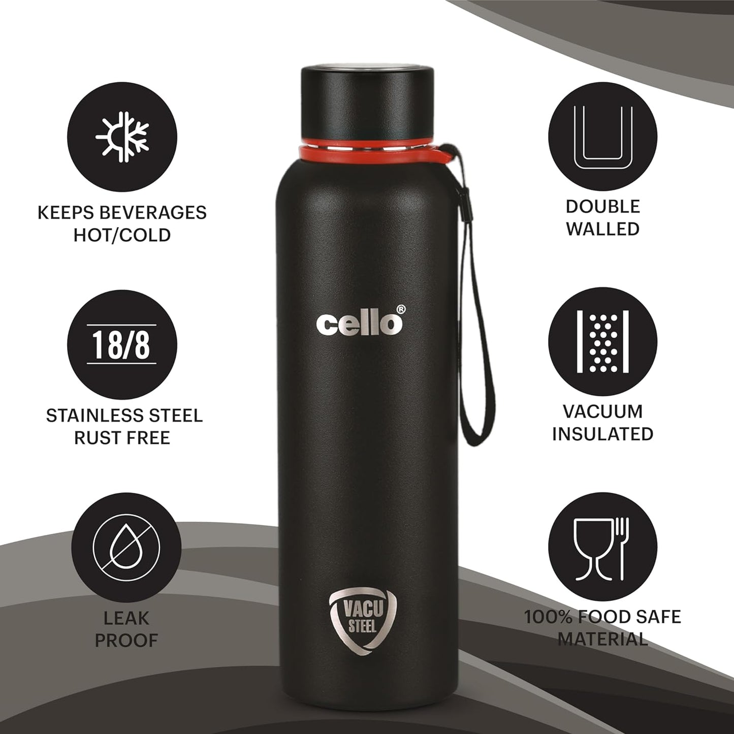 Cello Kent Stainless Steel Flask with DTP Coating, 900ml, Black | Prolonged Hours Hot and Cold Thermosteel Bottle | Flask for tea coffee | Ideal for Office, Gym, Home, Kitchen, Hiking, Travel Bottle