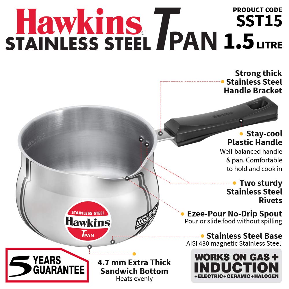 Hawkins 1.5 Litre Tpan, Stainless Steel Tea Pan, Induction Sauce Pan, Chai Pan, Saucepan, Silver (SST15)