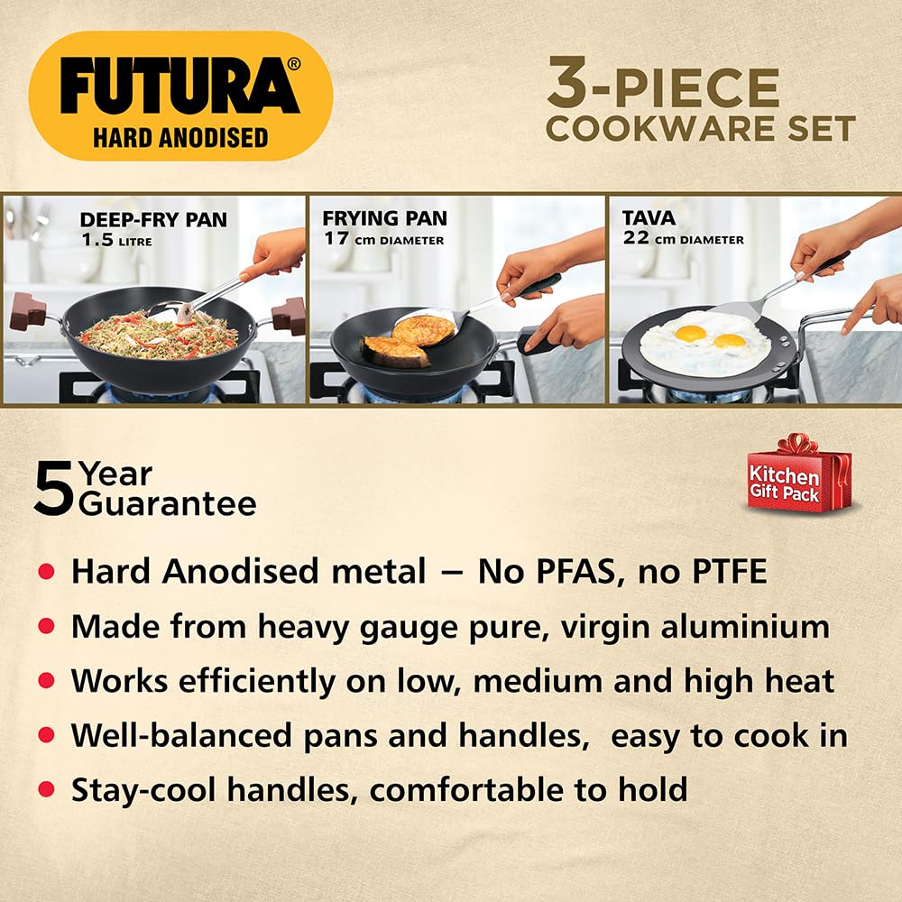 Hawkins Futura 3 Pieces Cookware Gift Set - Hard Anodised Tava, Frying Pan and Kadhai with Stainless Steel Lid, Black (24HAGP)