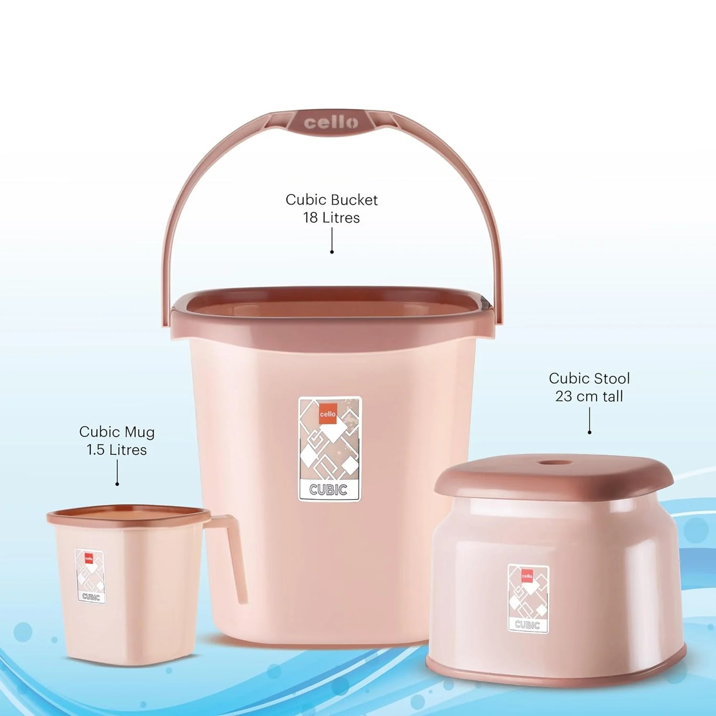 Cello Cubic Bathroom Set | Sturdy and Durable | Cubic Set (Bucket 18 L + Stool + Mug 1.5 L) | Lightweight and Rigid | Easy to Clean and Attractive Design | Set of 3 | Dark Blue