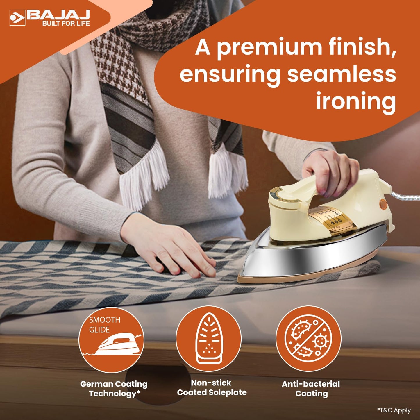 Bajaj DHX-9 1000W Heavy Weight Dry Iron | Advance Soleplate And Anti-Bacterial German Coating Technology | Cord Organizer | Multiple Temperature Levels | 2-Yrs Warranty 【Ivory】