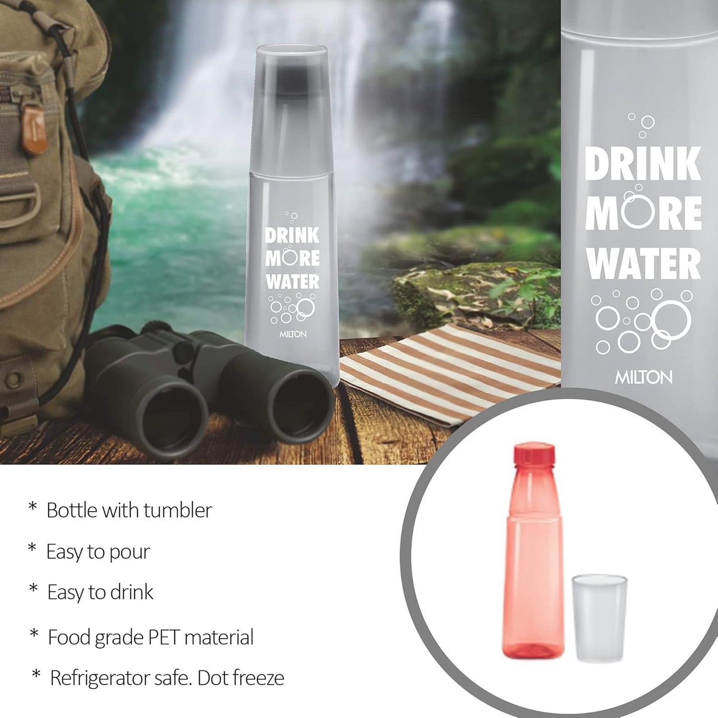 MILTON KIP SIP, Pack of 4 Water Bottles with Drinking Glass Lid, 1 Litre each, Reusable Plastic Fridge Bottle Set, BPA Free and Leak Proof Bottles for Travel, Work, Assorted